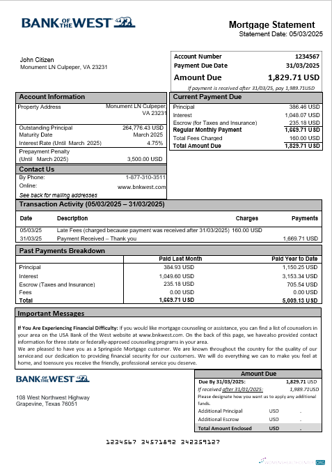 Download USA Bank of the West bank mortgage statement in Word and PDF formats Photoshop template